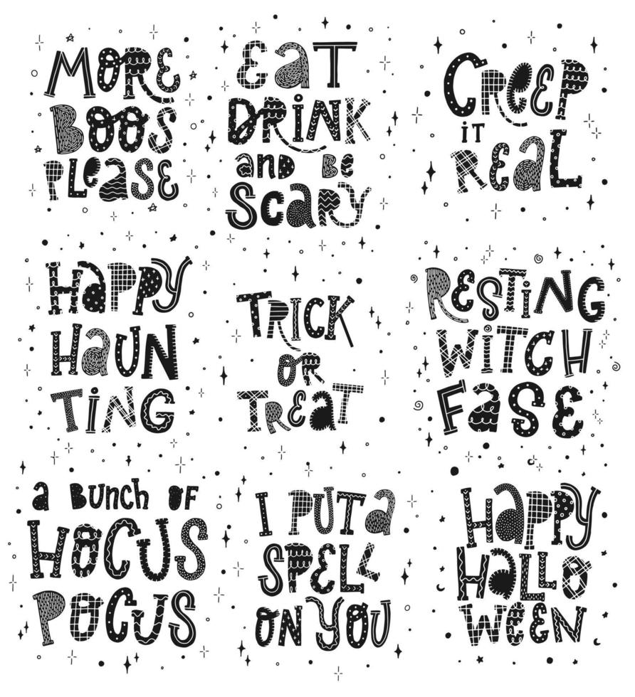 Creative set of hand lettering Halloween quotes isolated on white background. Holiday poster, t-shirt and mug print, greeting card, invitation, sign, banner, logo design. EPS 10 vector