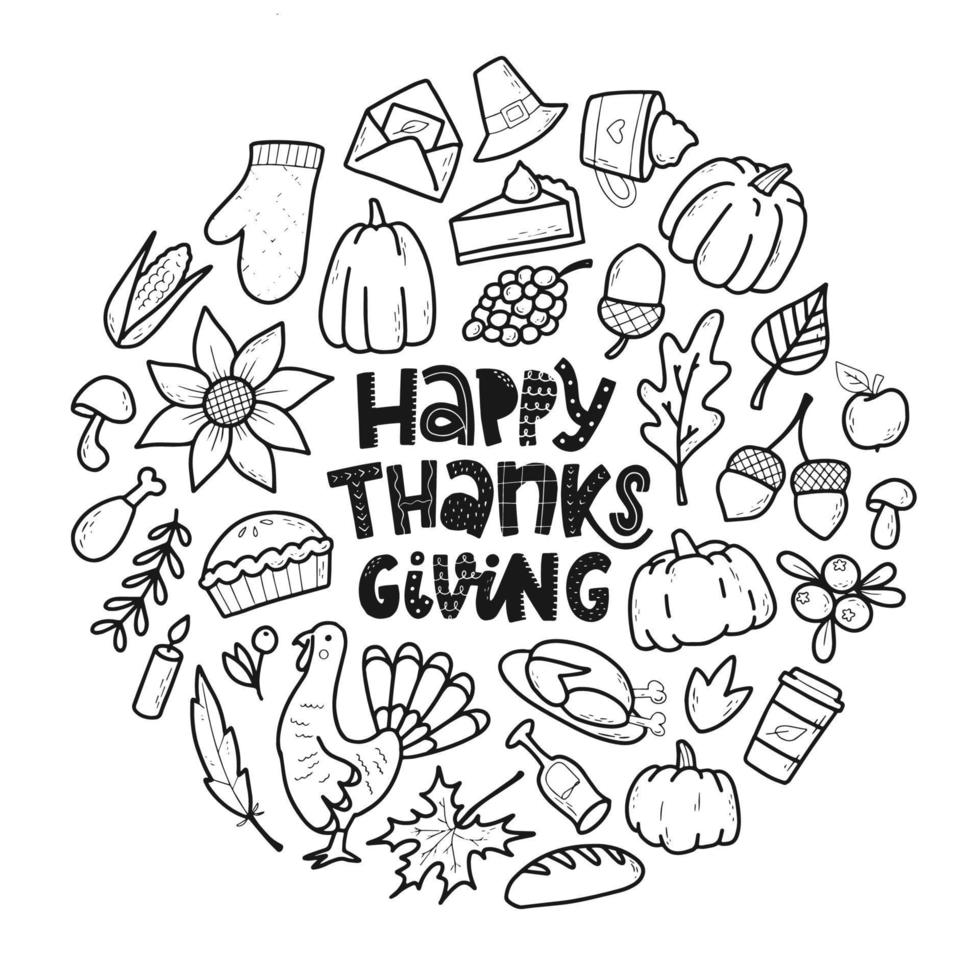 set of hand drawn thanksgiving doodles and lettering quote for stickers, prints, invitations, cards, coloring pages, invitation templates, etc. EPS 10 vector