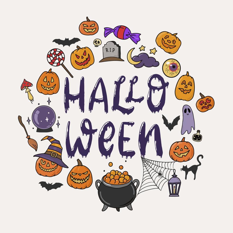 cute Halloween greeting card, poster, invitation, print, sign, banner, etc. Lettering quote decorated with doodles on white background. Festive typography inscription. EPS 10 vector
