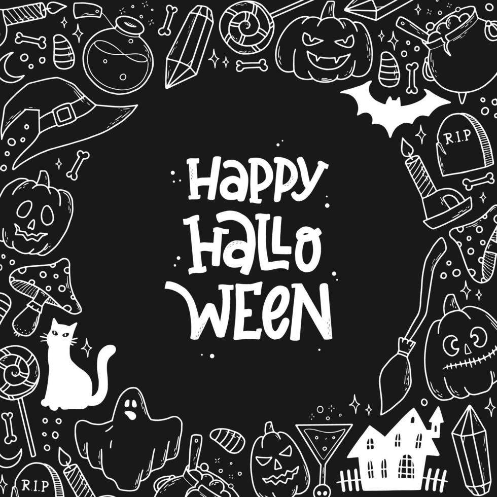 feliz cita de letras de mano de halloween decorada con marco de garabatos sobre fondo negro. bueno para tarjetas, carteles, invitaciones, impresiones, plantillas con espacio de copia, etc. eps 10 vector