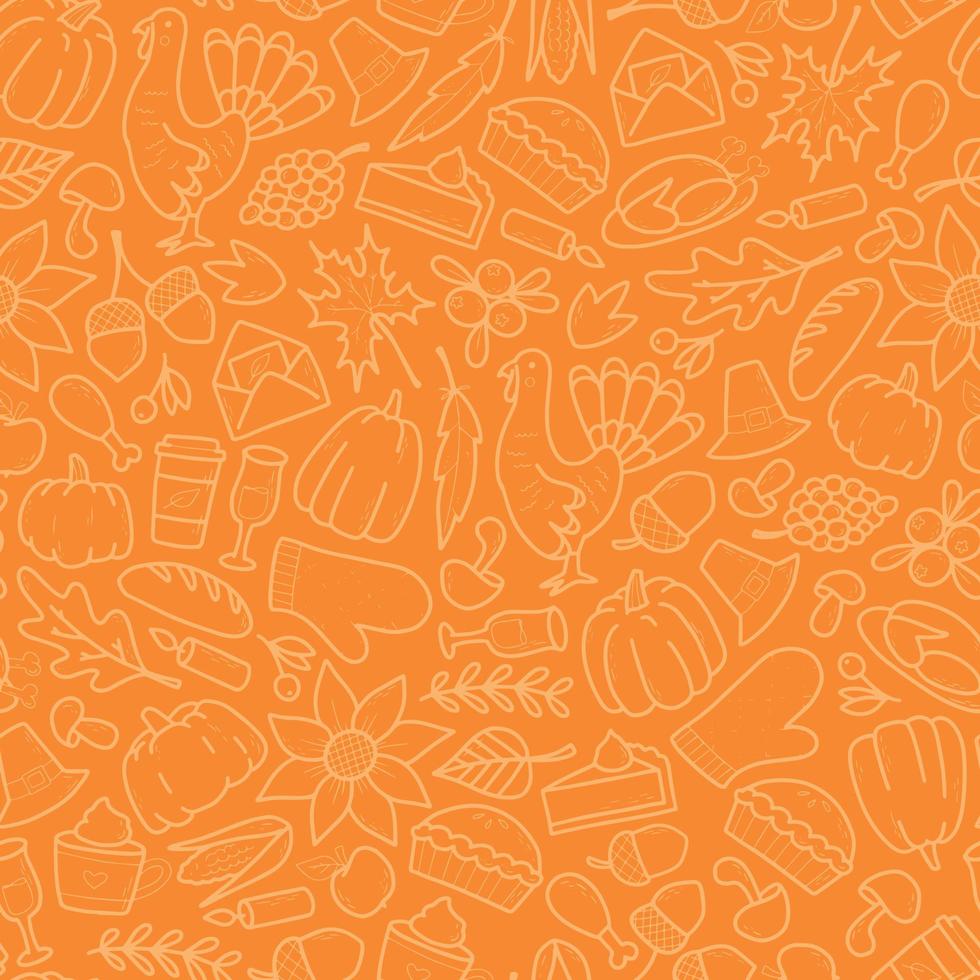 patrón transparente de acción de gracias decorado con garabatos sobre fondo naranja. bueno para envolver papel, álbumes de recortes, papel tapiz, estampados textiles, papel digital, etc. eps 10 vector