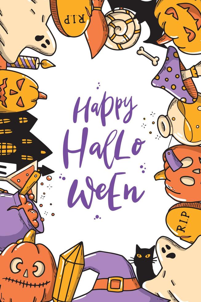 Cute hand lettering quote 'Happy Halloween' decorated with frame of doodles. Good for nursery posters, prints, cards, invitations, templates, etc. Eps 10 vector