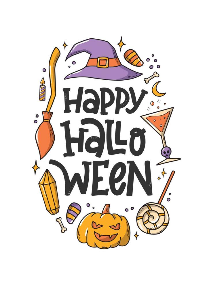 Happy Halloween hand lettering quote decorated with doodles for greeting cards, posters, invitations, banners, prints, signs, etc. EPS 10 vector