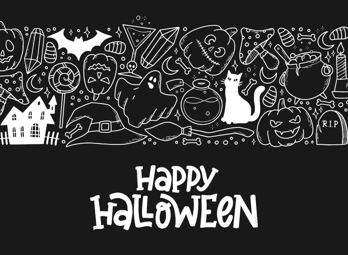 Halloween lettering quote decorated with border of doodles on black background. Good for posters, prints, cards, invitations, banners, templates with copy space. EPS 10 vector