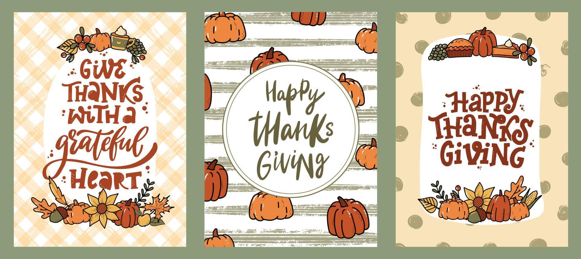 Set of Thanksgiving greeting cards, posters, prints, signs, invitations, banners, etc. Hand lettering quotes decorated with doodles. Autumn, fall foliage theme. EPS 10 vector