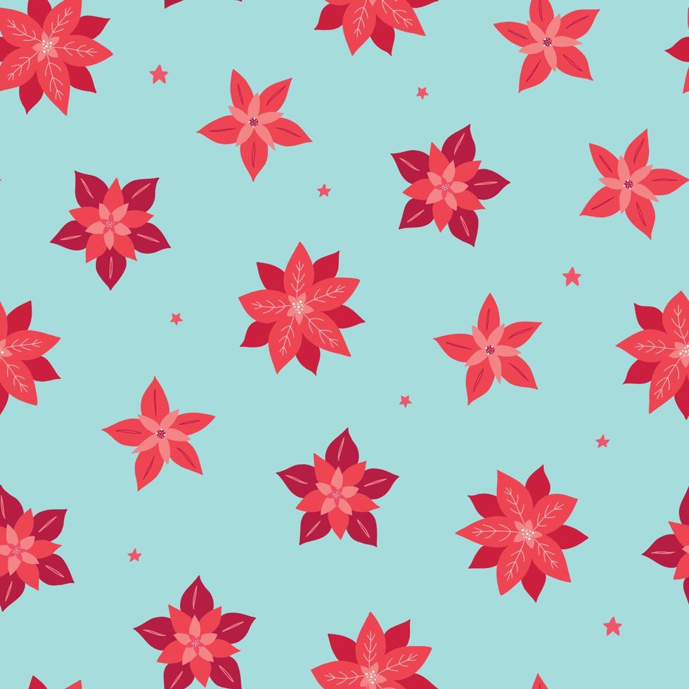 Christmas seamless pattern with red flowers poinsettia on blue background. Good for prints, wrapping paper, wallpaper, scrapbooking, holiday decor, etc. EPS 10 vector