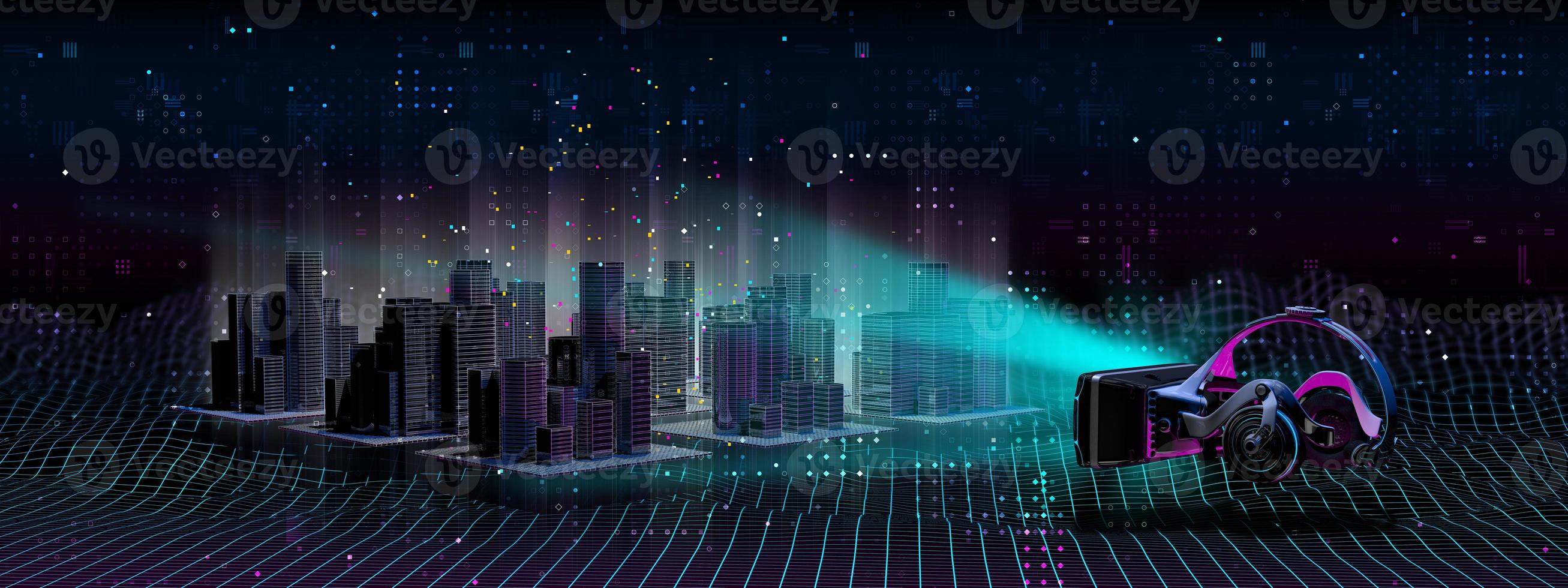 Futuristic virtual reality goggles projecting a hologram of a modern city over cyberspace. 3D Illustration photo