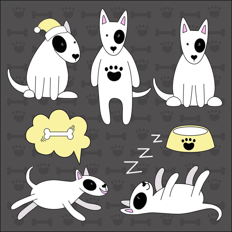 Set of cute funny dogs of the bull terrier breed. The dog sleeps, runs, sits. Different pet poses. Vector illustration in doodle style