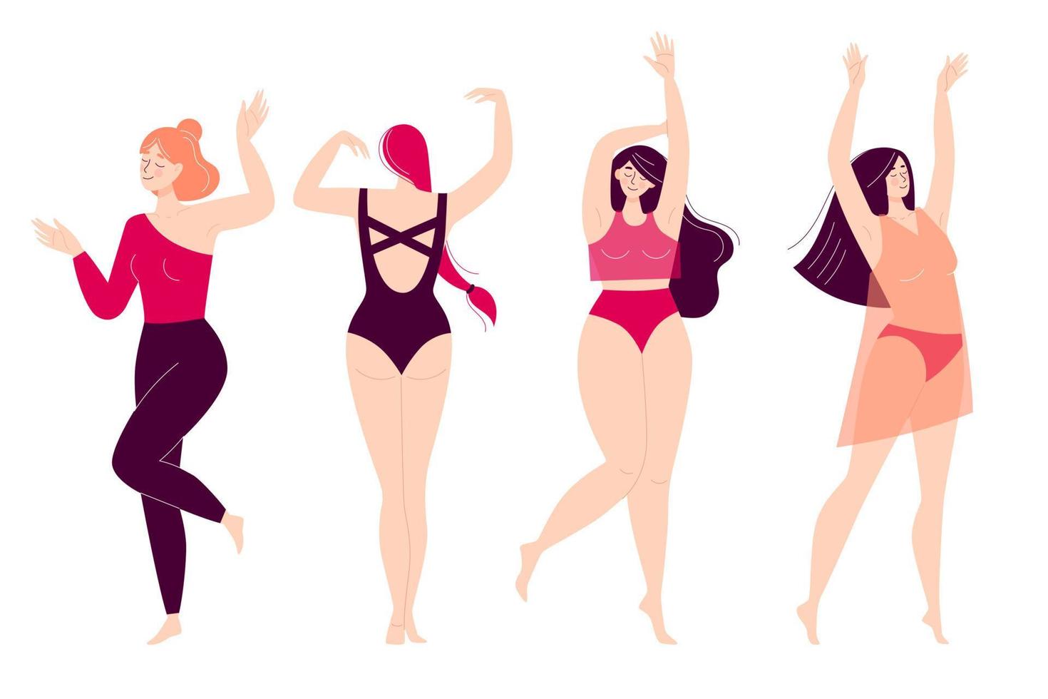 conjunto de mujeres jóvenes felices bailando. discoteca, actividad deportiva, fitness, movimiento. amor a ti mismo y a tu cuerpo. ilustración en estilo plano aislado sobre fondo blanco vector