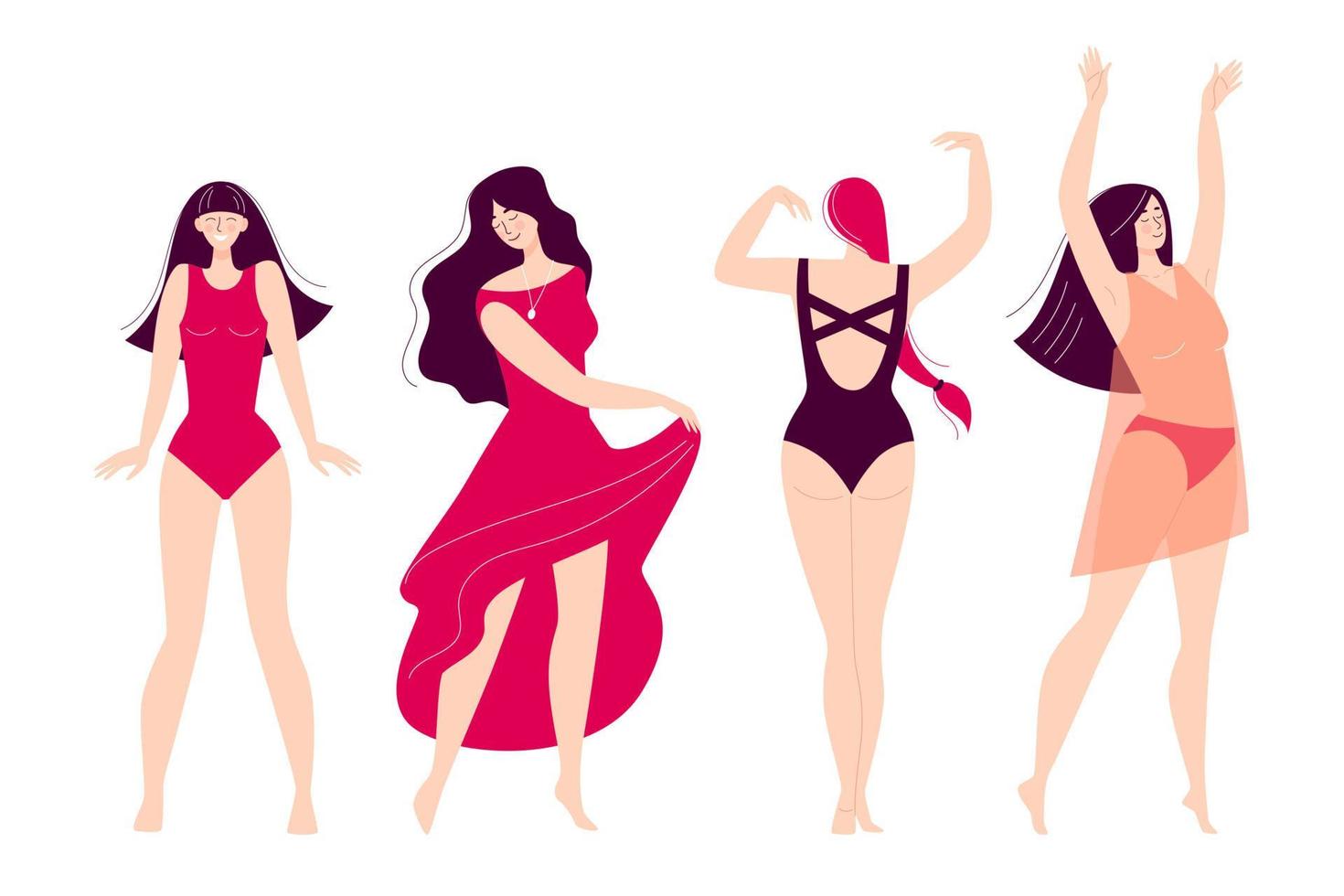 conjunto de mujeres jóvenes felices bailando. discoteca, actividad deportiva, fitness, movimiento. amor a ti mismo y a tu cuerpo. ilustración en estilo plano aislado sobre fondo blanco vector