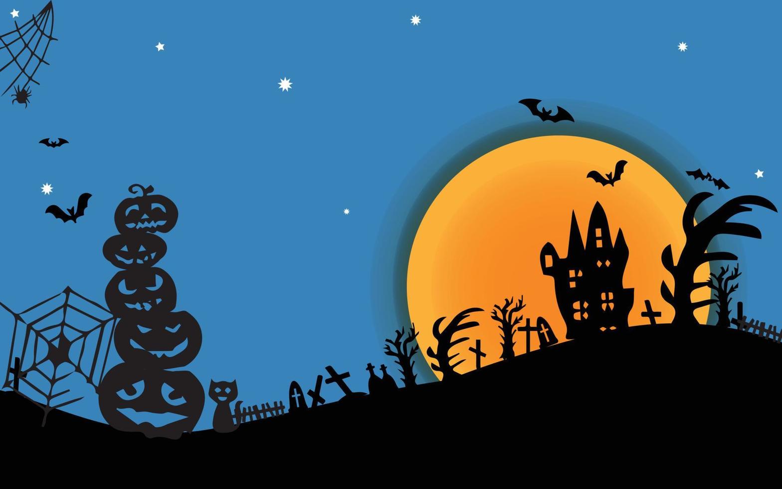 banner de venta de halloween horizontal. banner de promoción navideña con fantasma volador, fantasma, araña negra y murciélago, calabaza aterradora, zigzag y confeti sobre fondo naranja, ilustración vectorial. vector