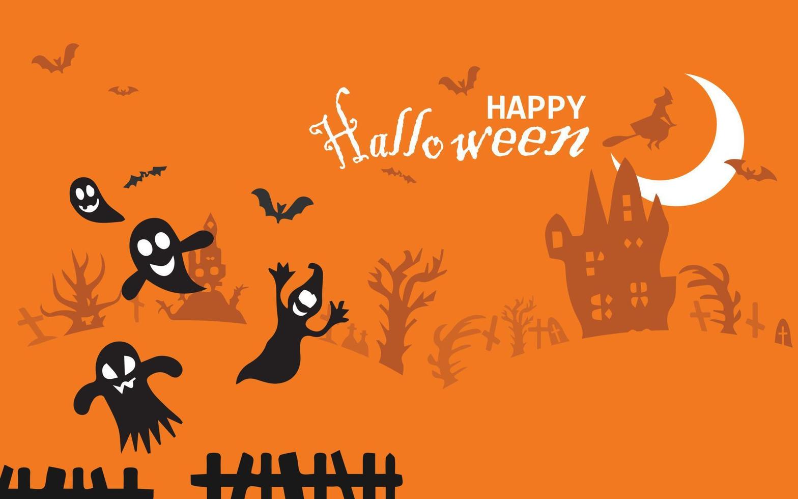 banner de venta de halloween horizontal. banner de promoción navideña con fantasma volador, fantasma, araña negra y murciélago, calabaza aterradora, zigzag y confeti sobre fondo naranja, ilustración vectorial. vector