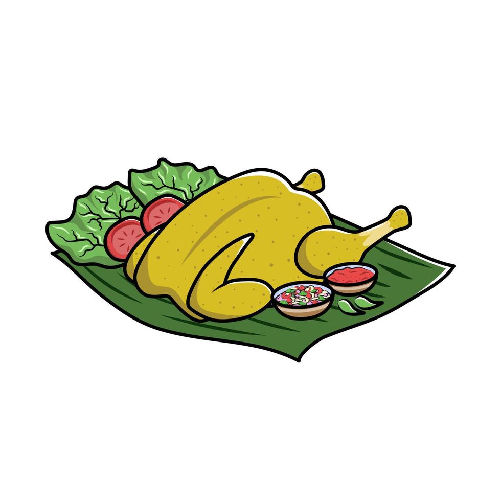 Flat Vector Illustration of Ayam Goreng Betutu Indonesian Food. Traditional Balinese Fried Chicken With Sambal and Vegetables in Banana Leaf