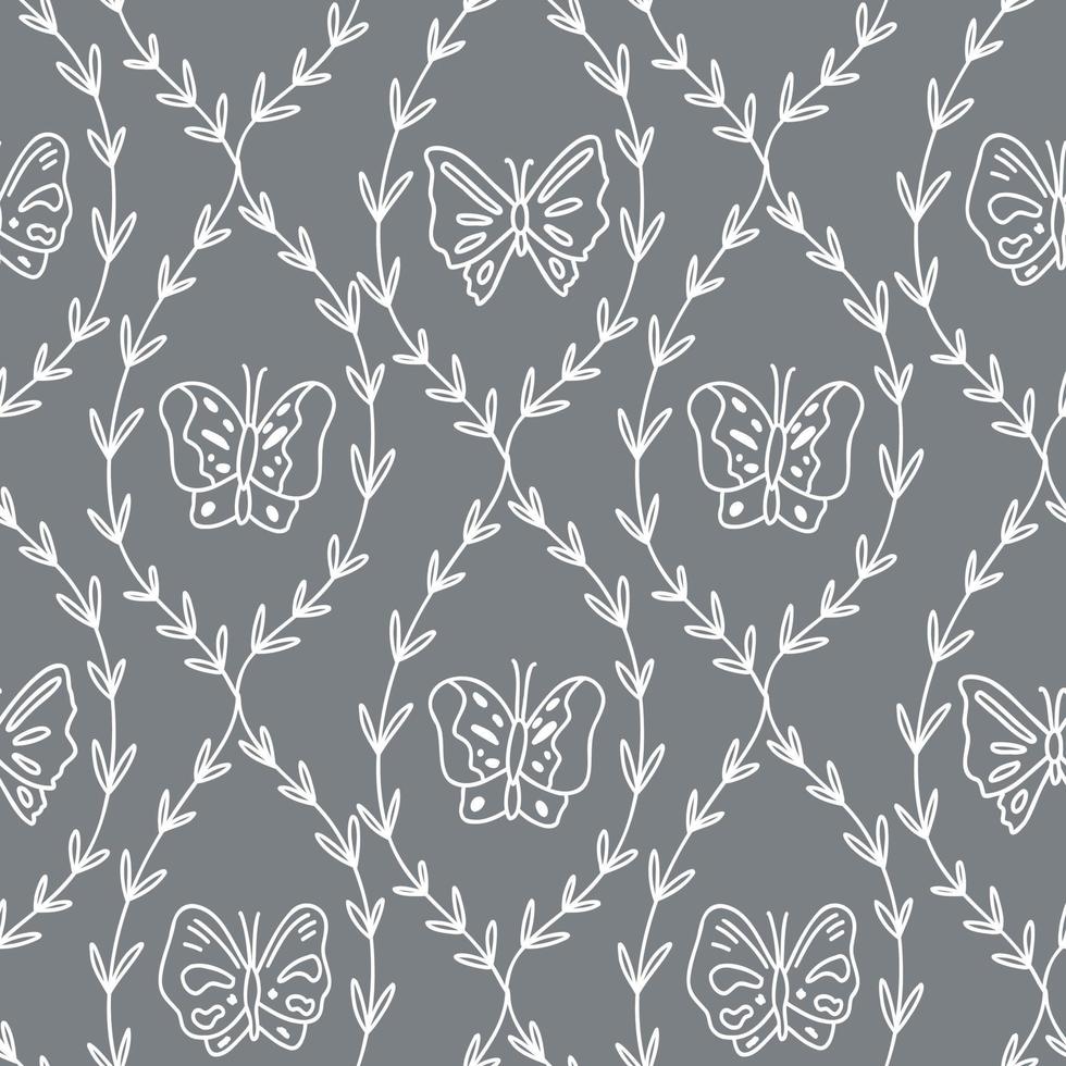 Cute grey pattern with line butterfly, branches seamless background. Textiles for children. Minimalism paper scrapbook for kids. vector