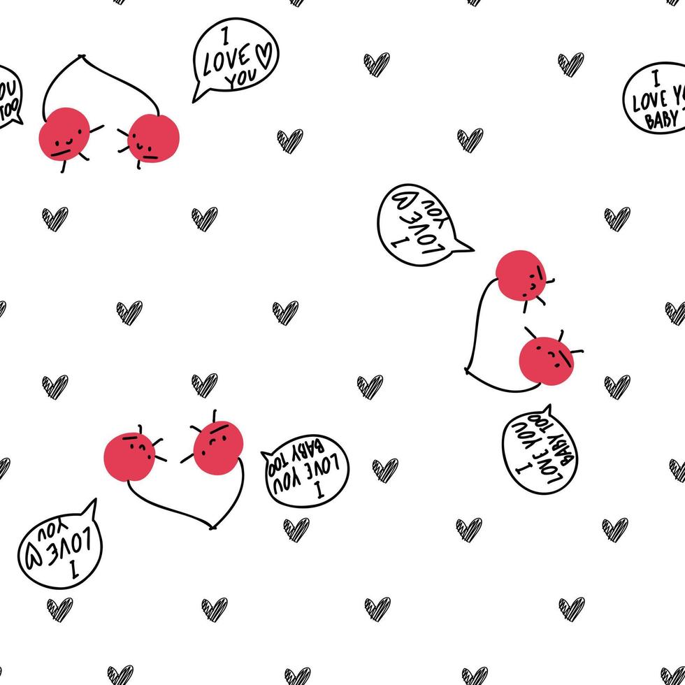 Hand drawn cute cherry seamless pattern with black hearts, scribble. I love you berry much, white paper line fruit, doodle food. vector