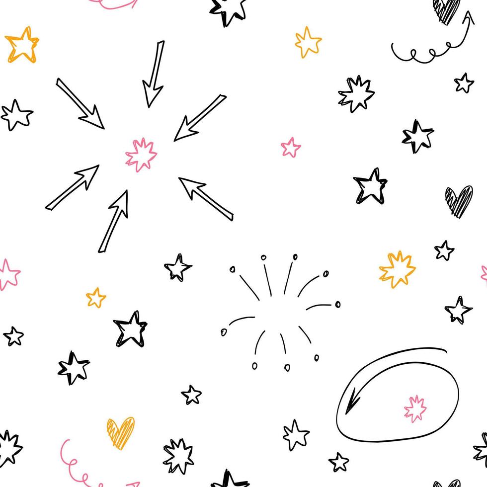 Hand drawn doodle with yellow, pink, black stars, abstract white seamless pattern. Cute vector for paper, fabric, baby, textile.