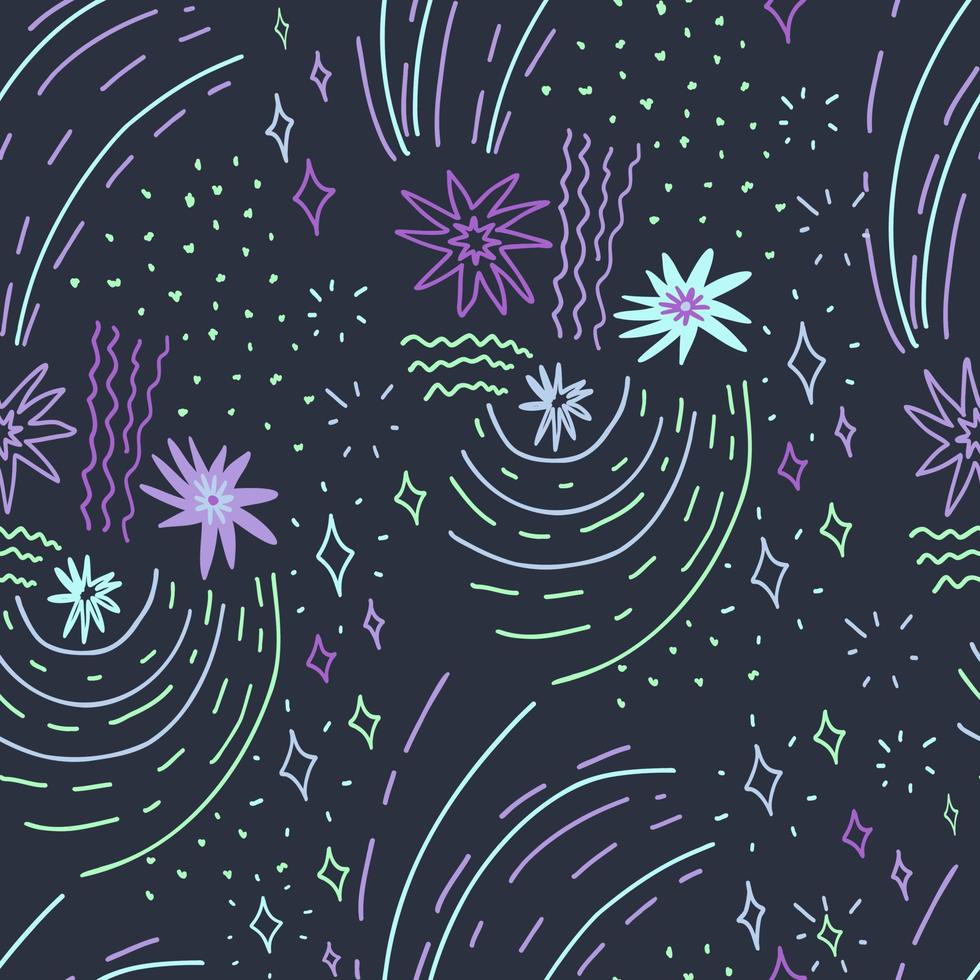 patrón azul oscuro dibujado a mano con estrellas violetas, verdes, garabato abstracto sin costuras. lindo vector para papel, tela.