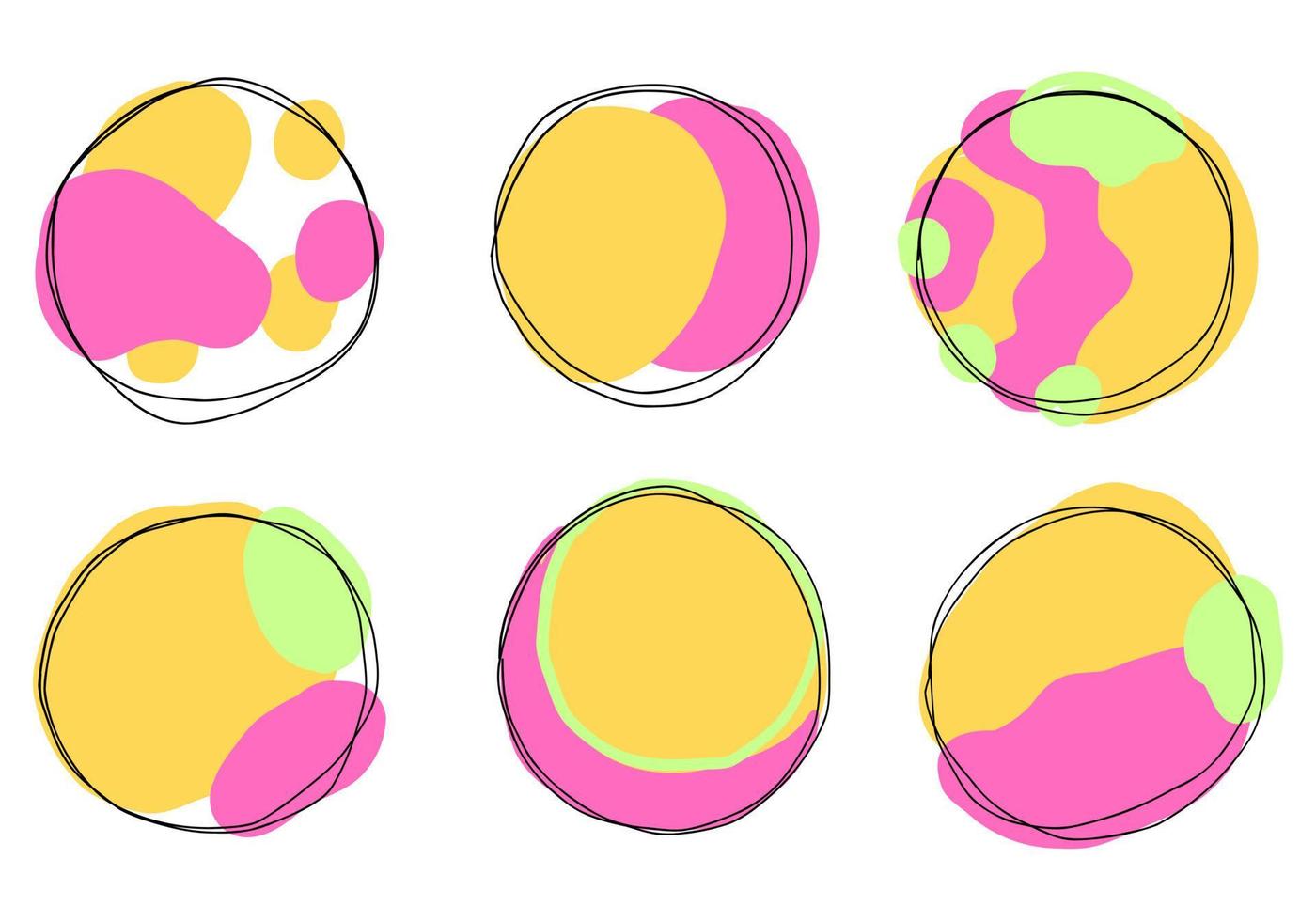 Abstract doodle black frames, set hand drawn bright colors. Cute round lines with circles collection. vector