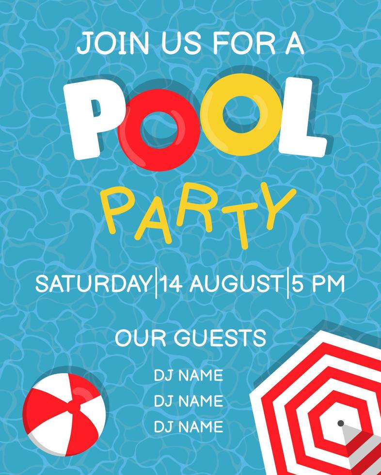 Pool party poster design template with water, beach ball, umbrella and floats. Vector holiday illustration for banner, flyer, invitation and poster.