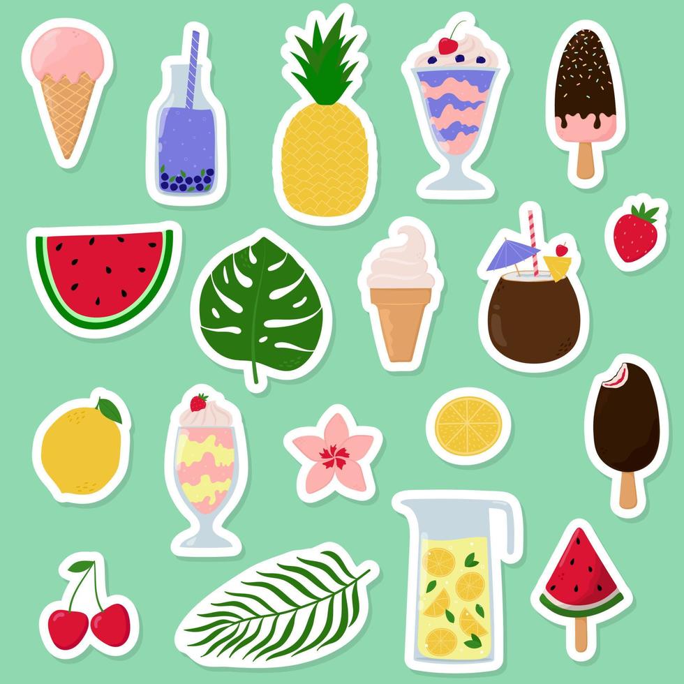 Summer stickers collection. Summer drinks, fruit, berries, ice creams tropical leaves. vector