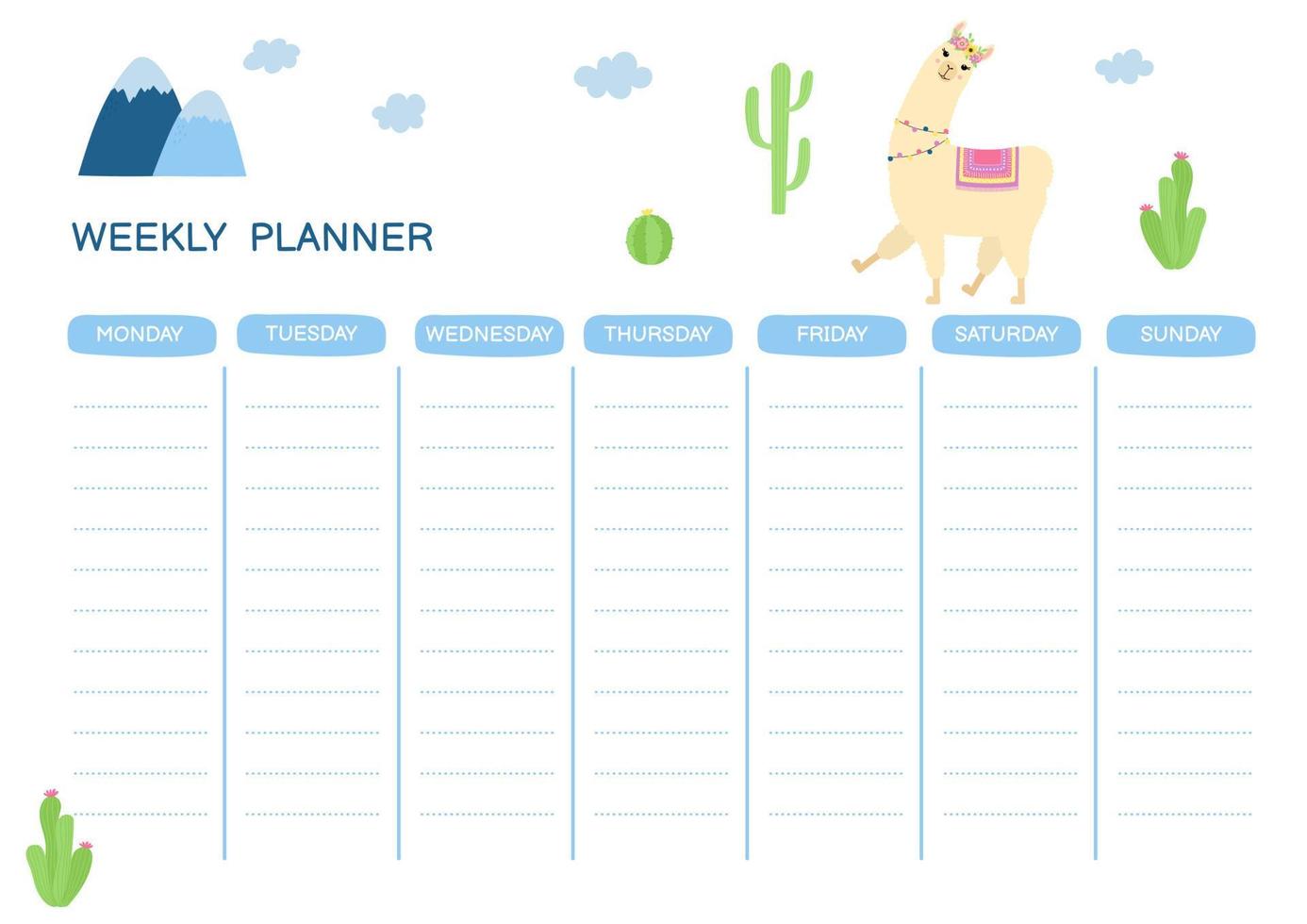 Weekly planner with cute llama and cactuses. Doodle flat style. Good for notebook, agenda, diary, organiser, schedule vector