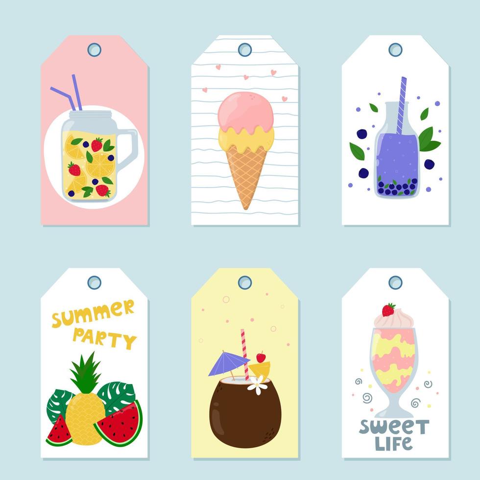Gift tags with summer elements. Cartoon tropical fruit, ice cream, milkshake, cocktails. Colorful summer labels vector