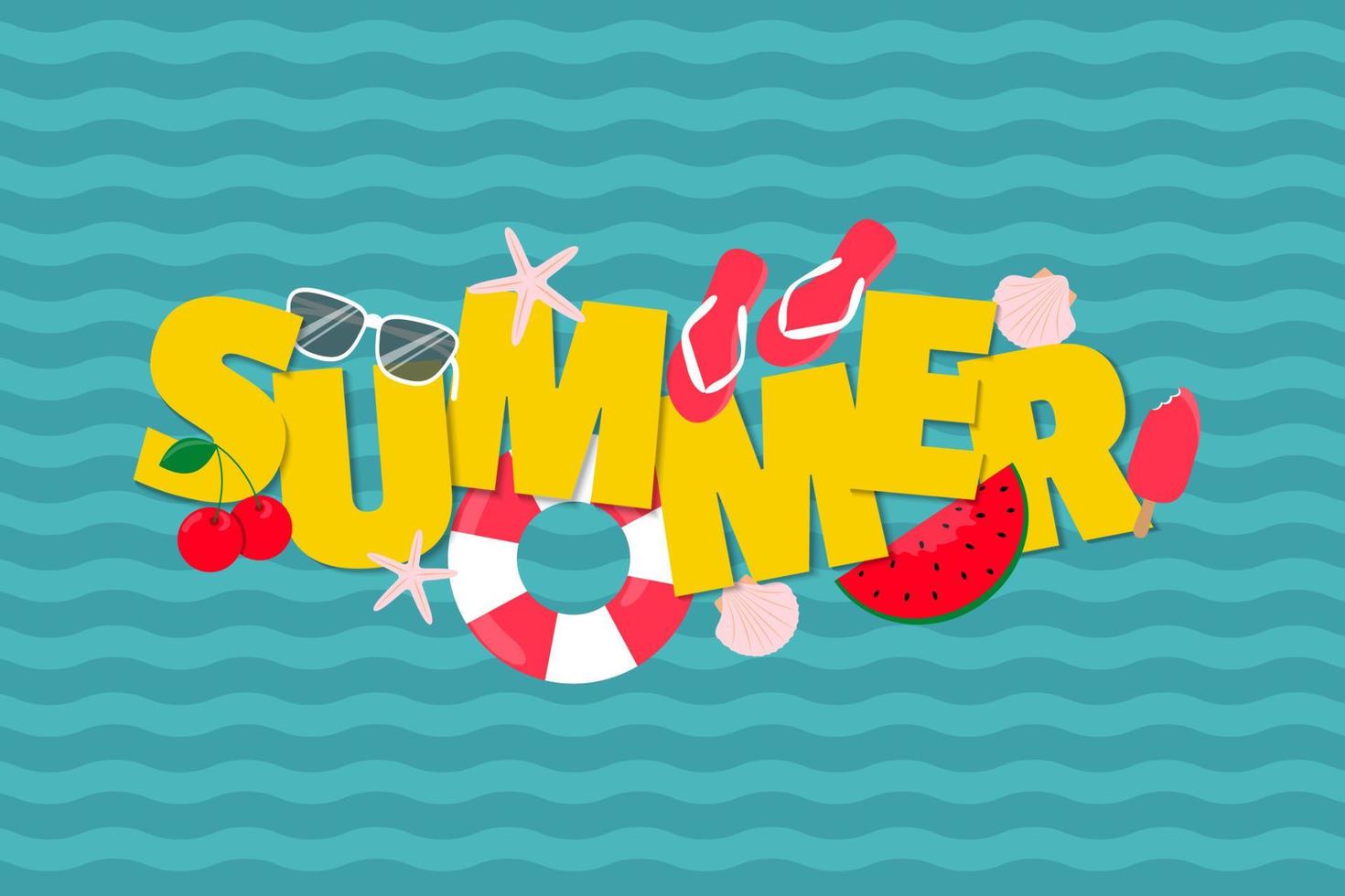 Template of summer vector banner, flyer, card or poster. Yellow summer text with colorful beach elements on wavy blue background.