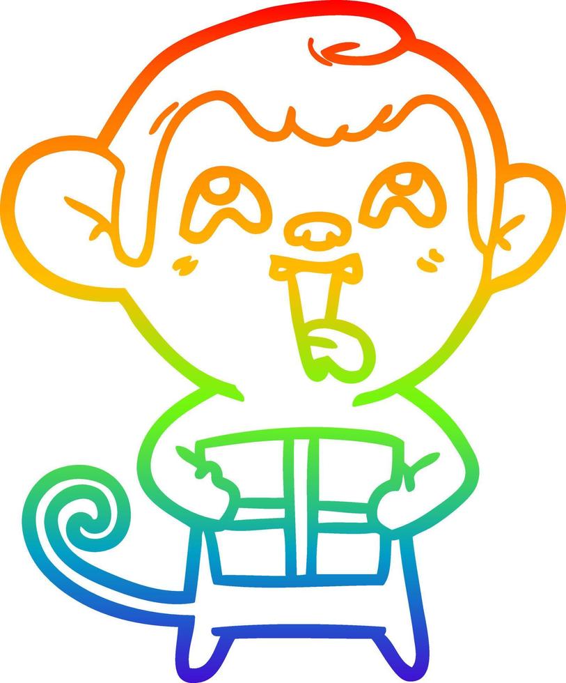dibujo de línea de gradiente de arco iris mono loco de dibujos animados con regalo de navidad vector