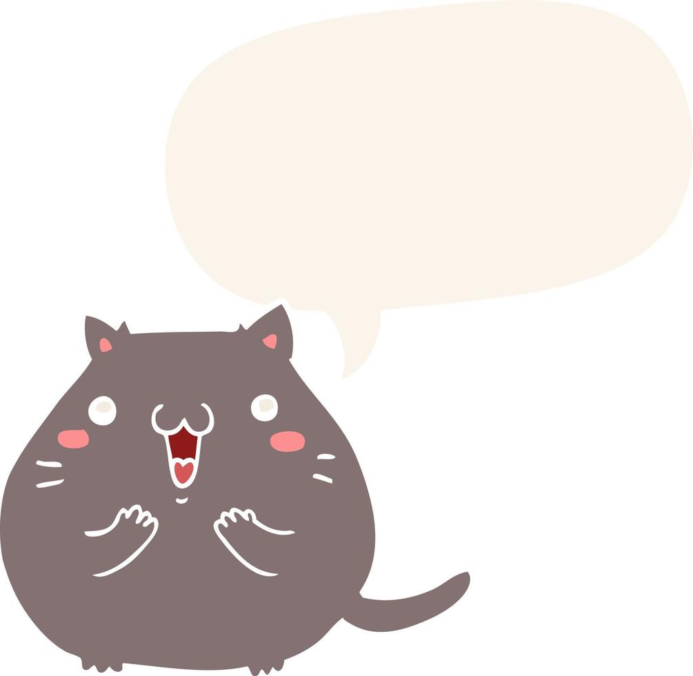 gato de dibujos animados feliz y burbuja del habla en estilo retro vector