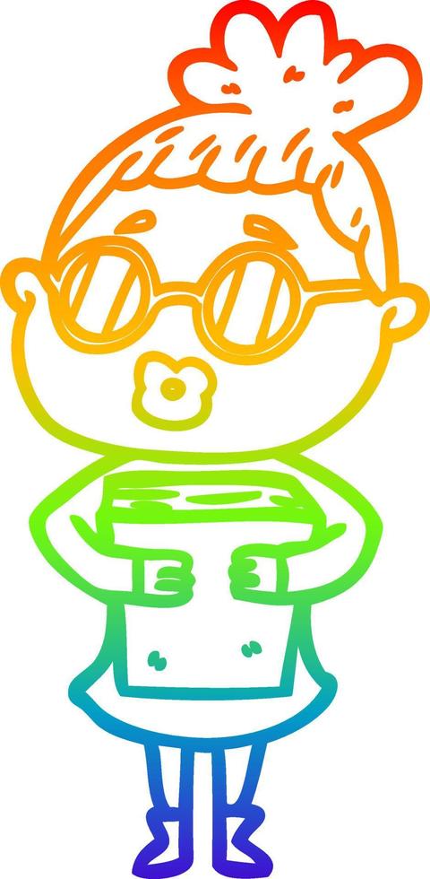 rainbow gradient line drawing cartoon woman with book wearing spectacles vector