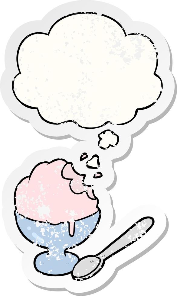 cartoon ice cream dessert and thought bubble as a distressed worn sticker vector