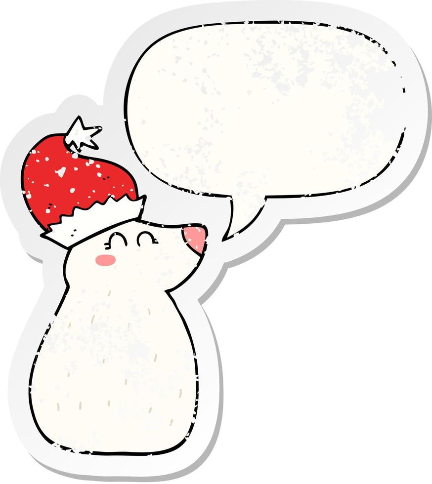 cartoon bear wearing christmas hat and speech bubble distressed sticker vector