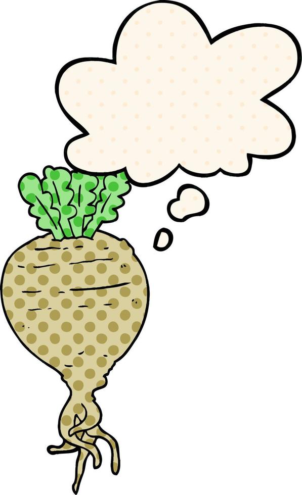cartoon root vegetable and thought bubble in comic book style vector