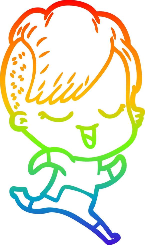 rainbow gradient line drawing happy cartoon girl in futuristic clothes vector