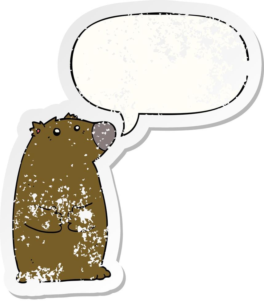 cartoon bear and speech bubble distressed sticker vector