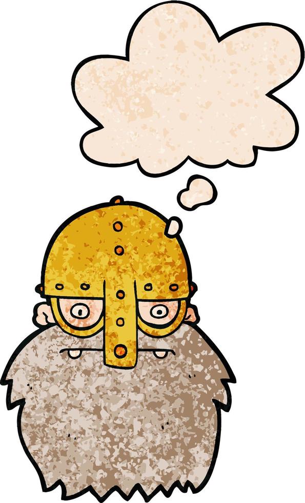 cartoon viking face and thought bubble in grunge texture pattern style vector