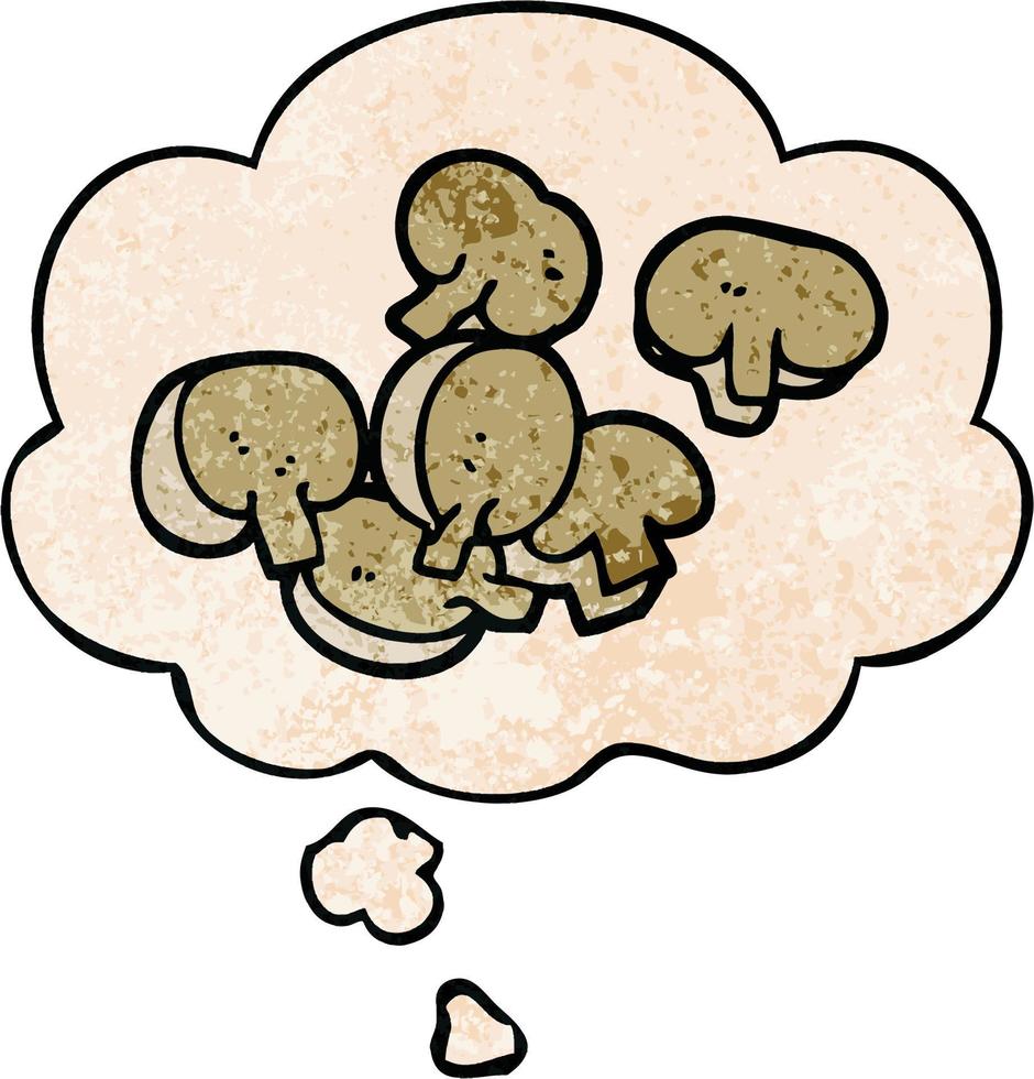 cartoon chopped mushrooms and thought bubble in grunge texture pattern style vector