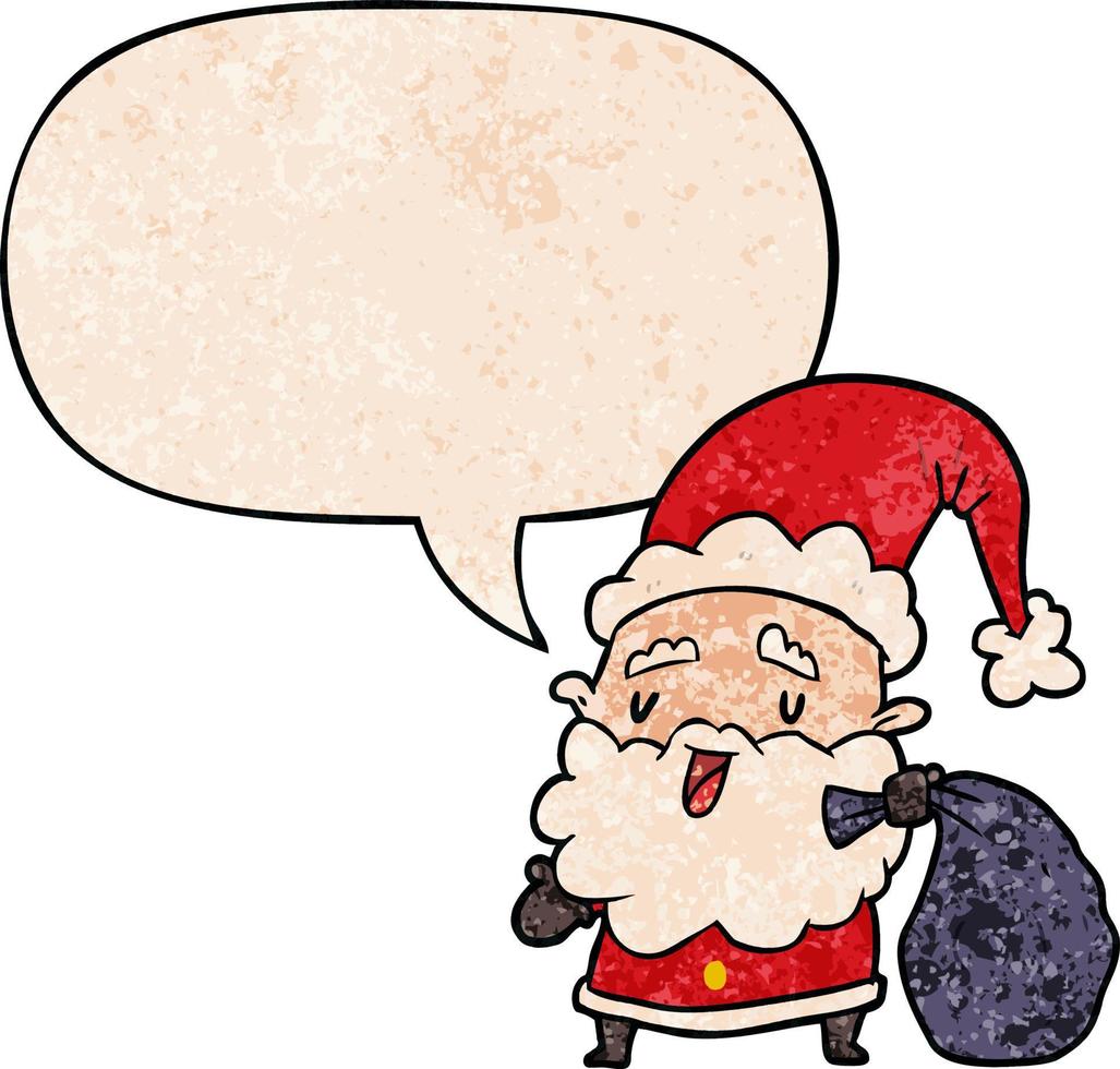 cartoon santa claus carrying sack of presents and speech bubble in retro texture style vector