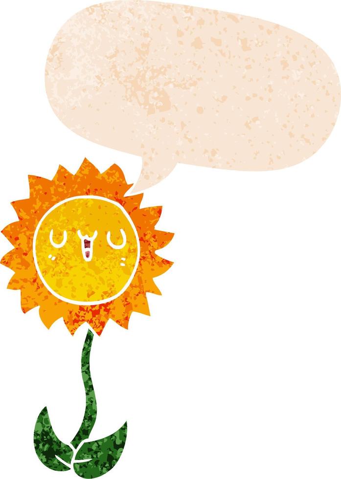 cartoon flower and speech bubble in retro textured style vector