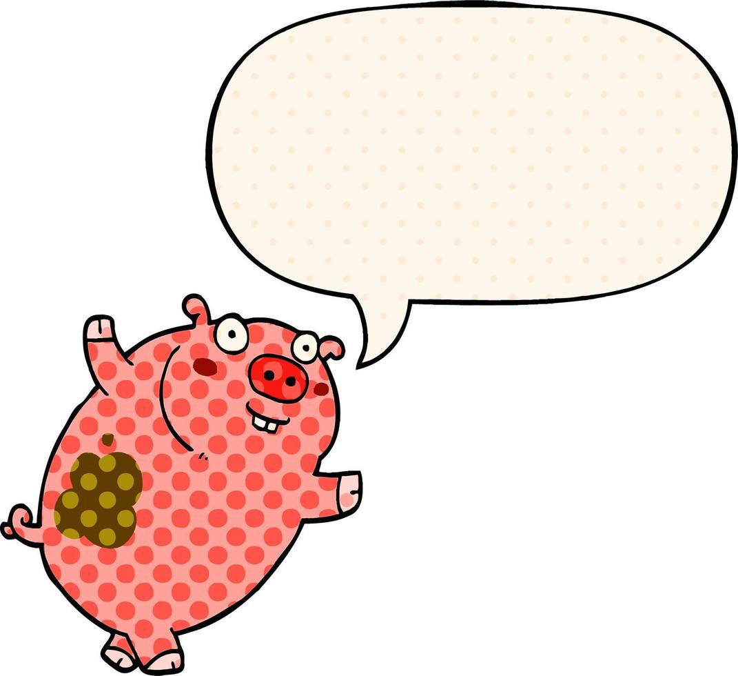divertido cerdo de dibujos animados y burbuja de habla al estilo de un libro de historietas vector