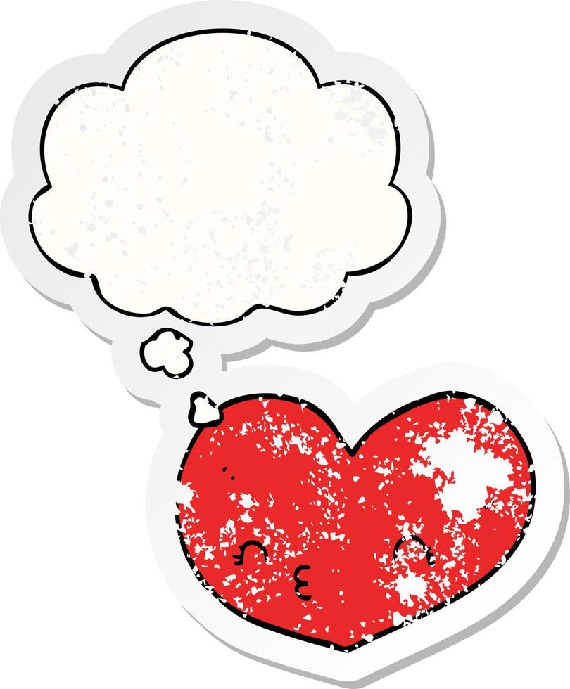 cartoon love heart and thought bubble as a distressed worn sticker vector