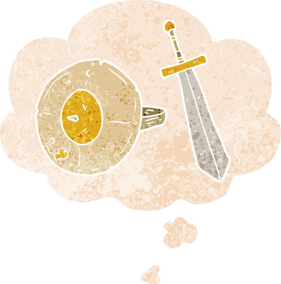 cartoon shield and sword and thought bubble in retro textured style vector