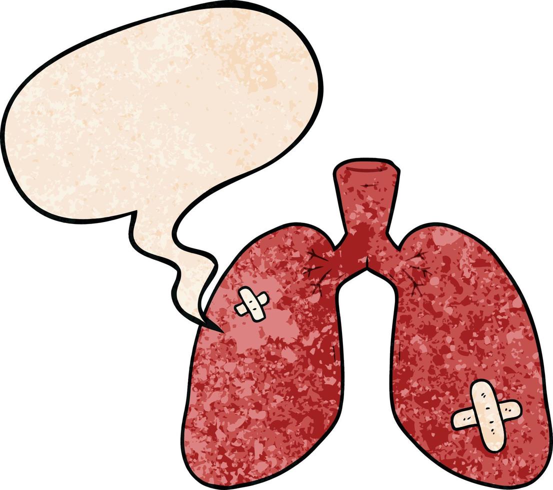 dibujos animados de pulmones reparados y burbujas de habla en estilo de textura retro vector