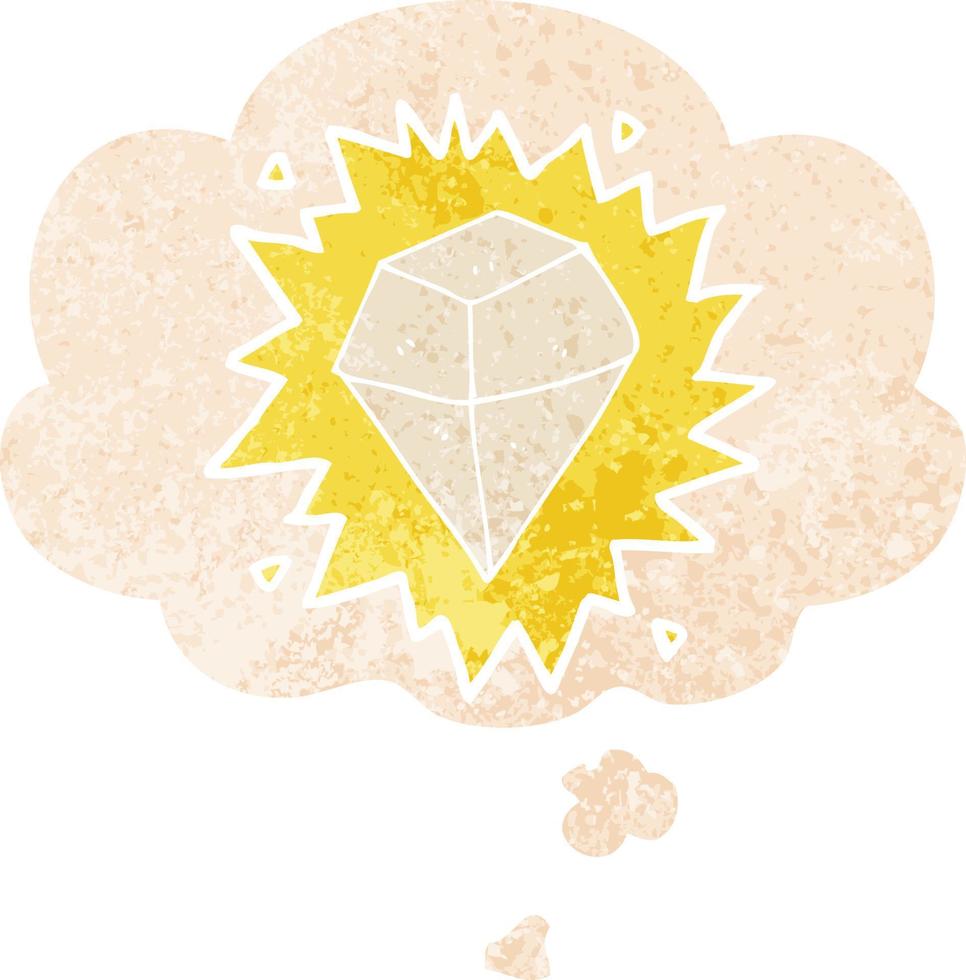 cartoon shining crystal and thought bubble in retro textured style vector