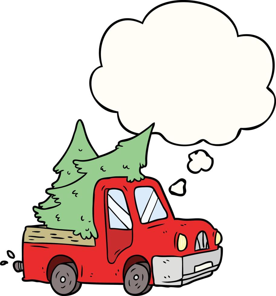 cartoon pickup truck carrying trees and thought bubble vector