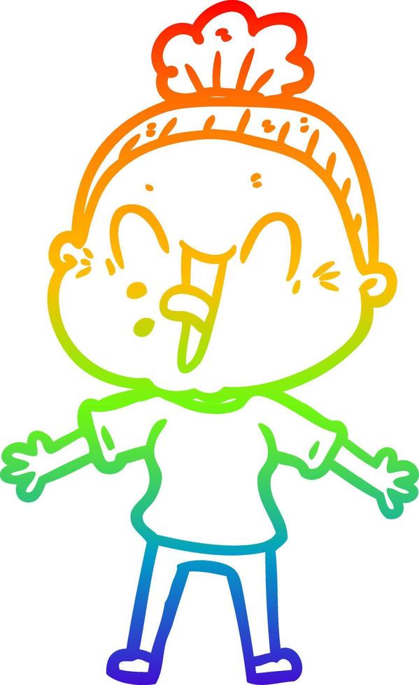 rainbow gradient line drawing cartoon happy old woman vector