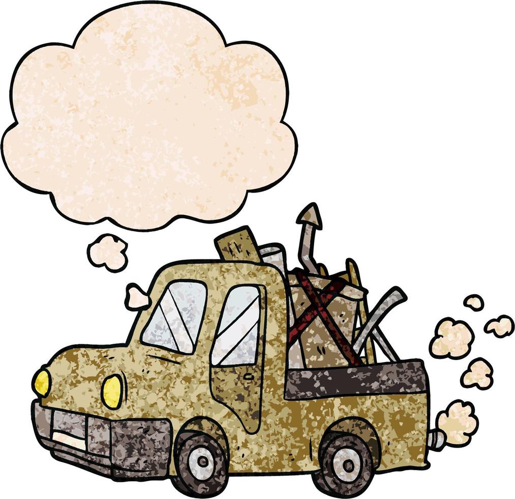 cartoon old truck and thought bubble in grunge texture pattern style vector