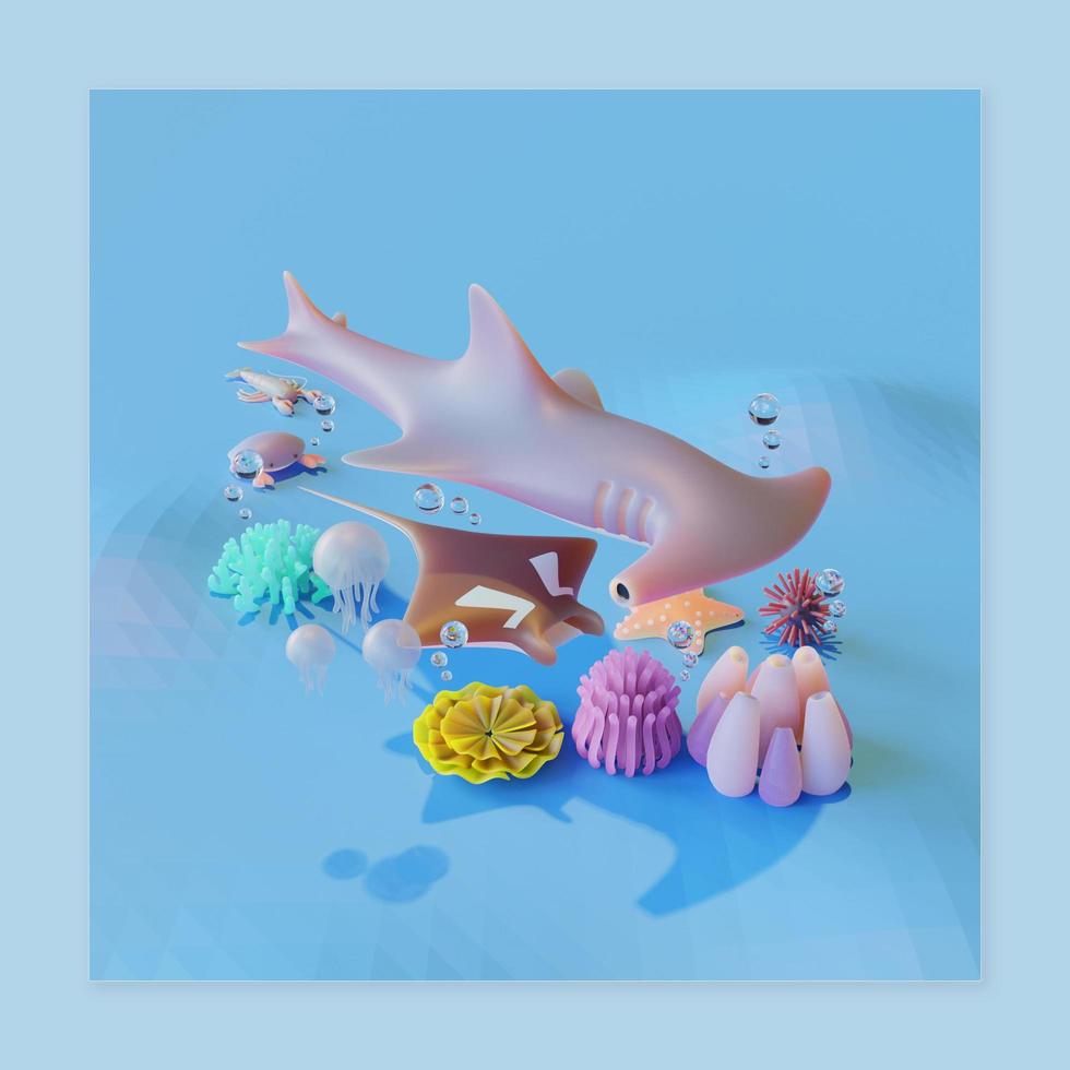 World Ocean Day Copy Space Template With Hammerhead Shark 3D Render Illustration photo