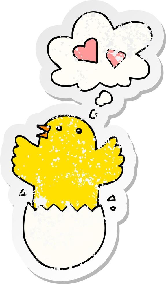 cute hatching chick cartoon and thought bubble as a distressed worn sticker vector