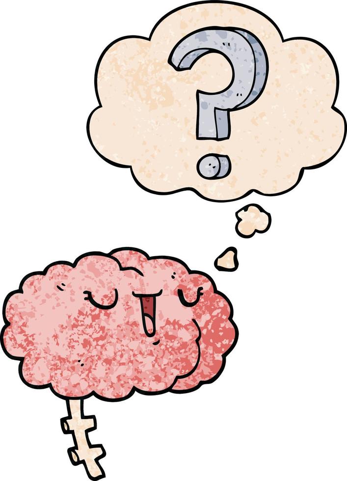 cartoon curious brain and thought bubble in grunge texture pattern style vector